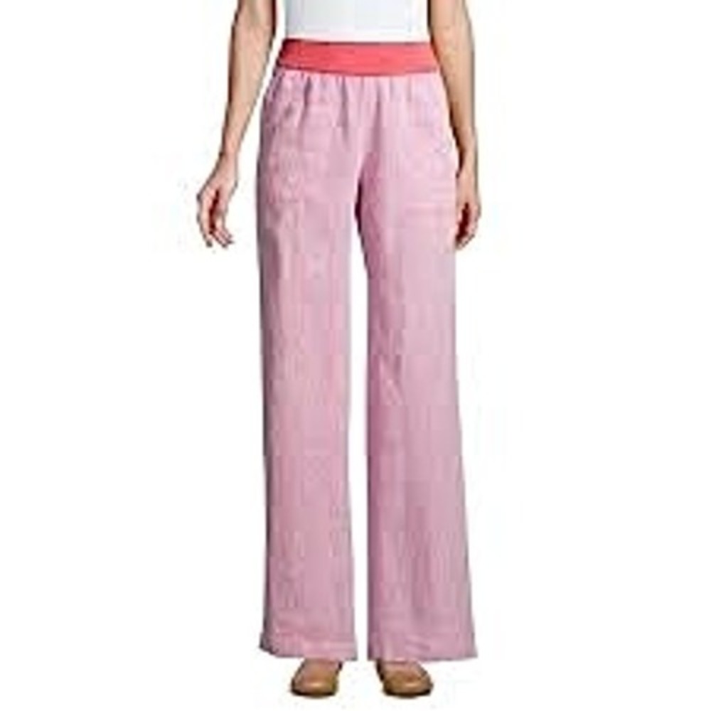 Lands' End Women's Heathered Pink Linen Wide Leg Mid‎ Rise Casual Pants Size 6